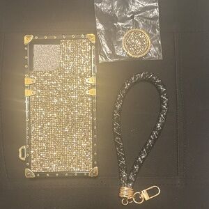 Gold and Black Rhinestone Phone Case with Strap